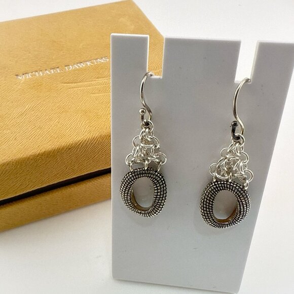 Michael Dawkins Earrings Sterling Silver Pebbled Granulated Link Dangle Drop 925 - Picture 1 of 12